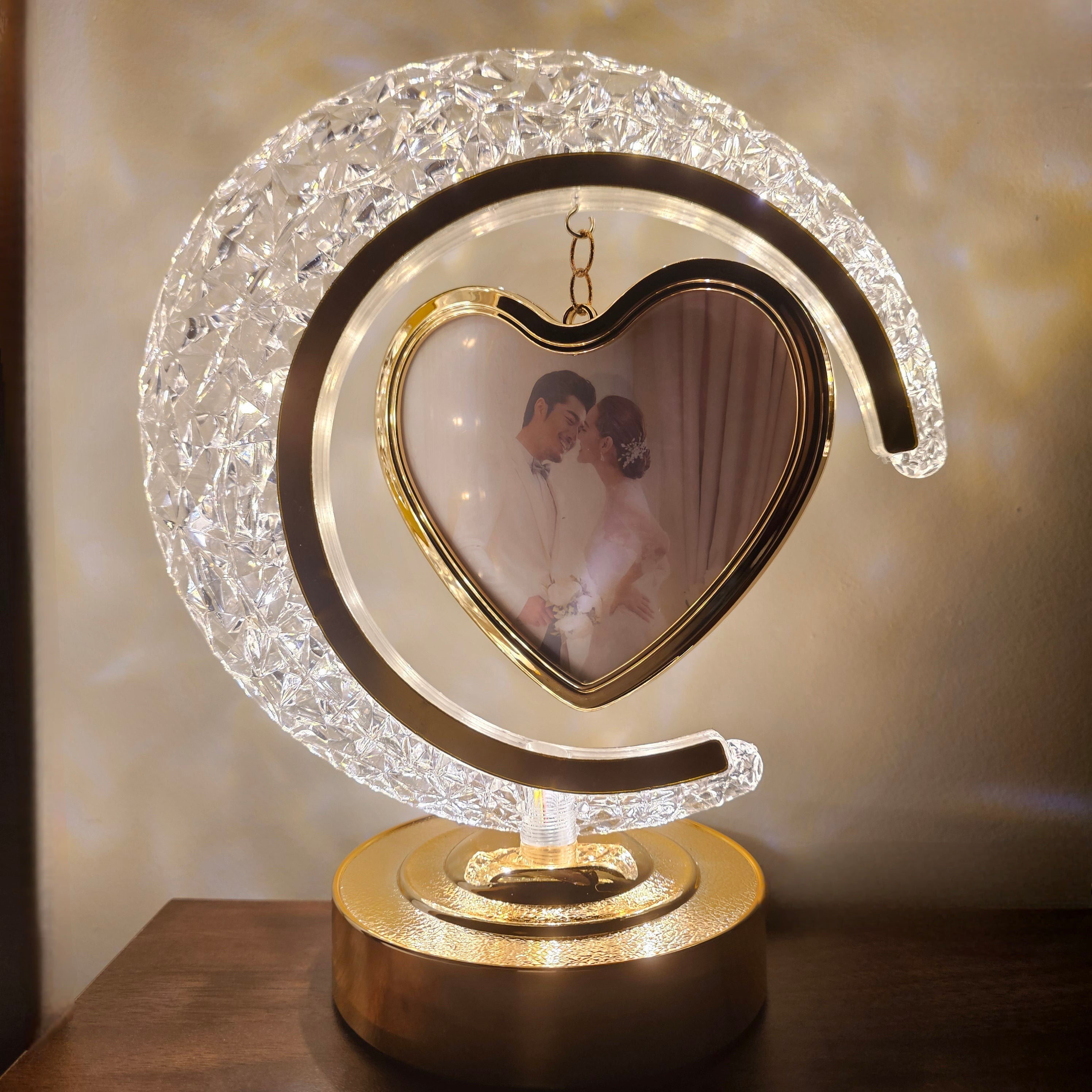 The Flair Store™ Half Moon Crystal LED Light  with Heart Shape Photo Frame| Valentines Gift| Anniversary Gift | 3Level Brightness | USB Powered | Touch Control.