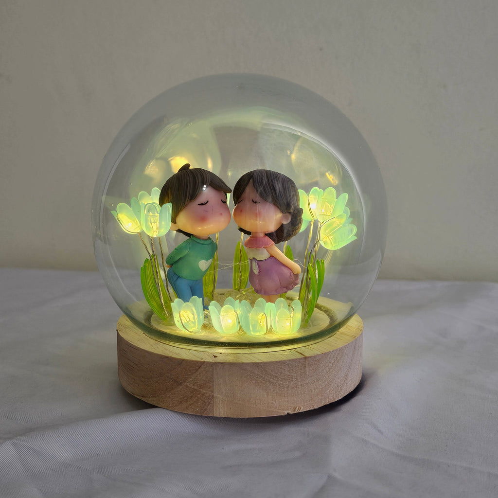 The Flair Store™ Romantic Couple in Tulip Flowers LED Night Light Crystal Ball Lamp With Wooden Base