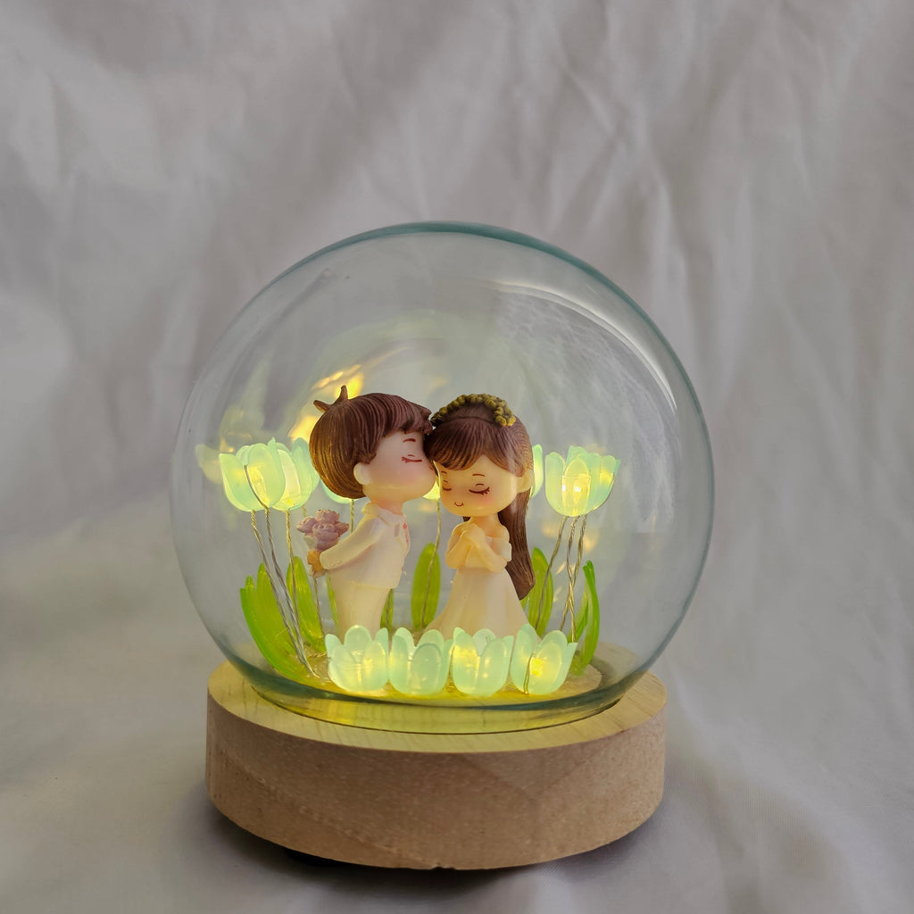 The Flair Store™ Romantic Couple in Tulip Flowers LED Night Light Crystal Ball Lamp With Wooden Base