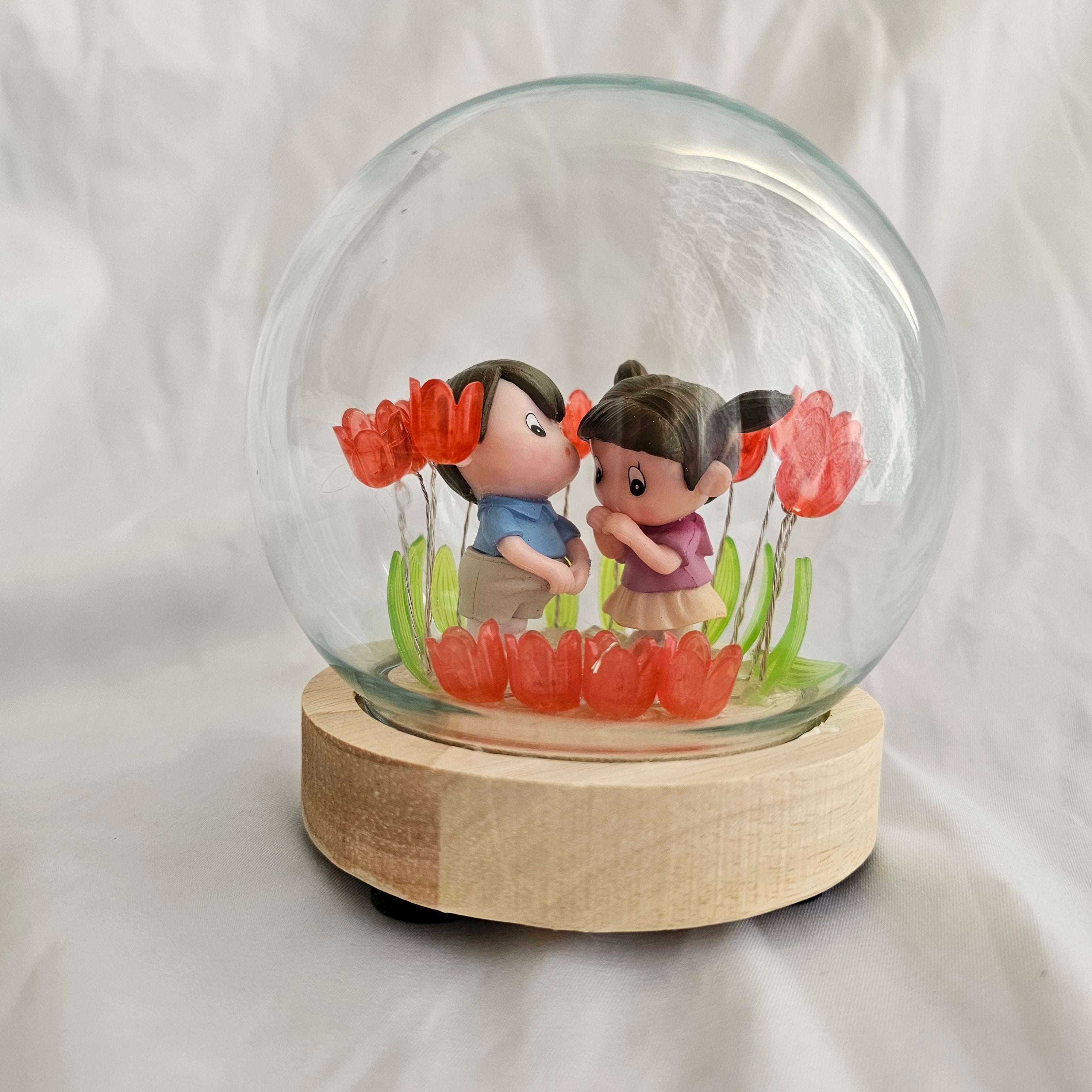 The Flair Store™ Romantic Couple in Tulip Flowers LED Night Light Crystal Ball Lamp With Wooden Base