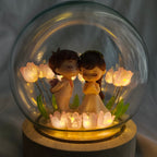 The Flair Store™ Romantic Couple in Tulip Flowers LED Night Light Crystal Ball Lamp With Wooden Base