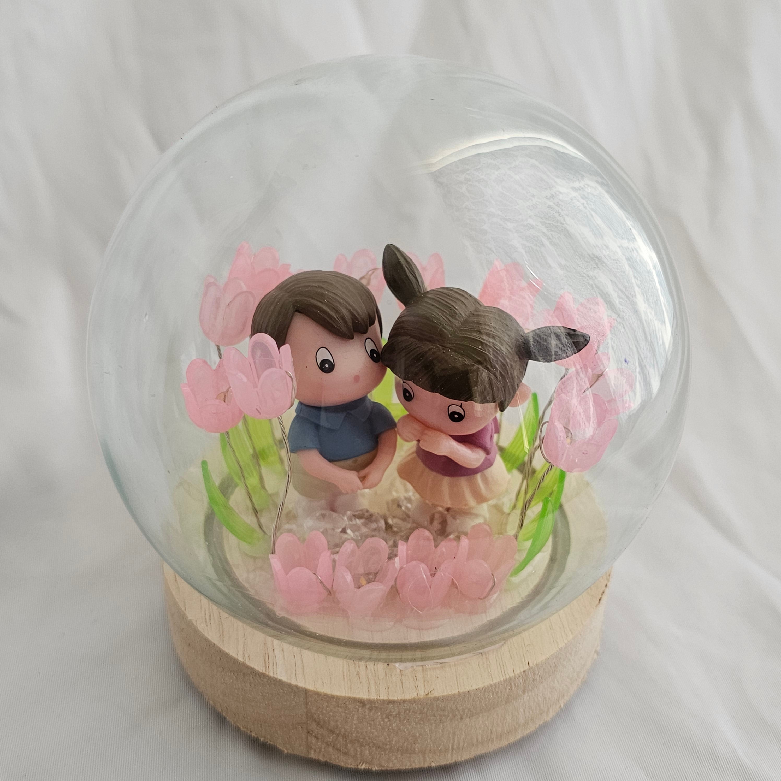 The Flair Store™ Romantic Couple in Tulip Flowers LED Night Light Crystal Ball Lamp With Wooden Base
