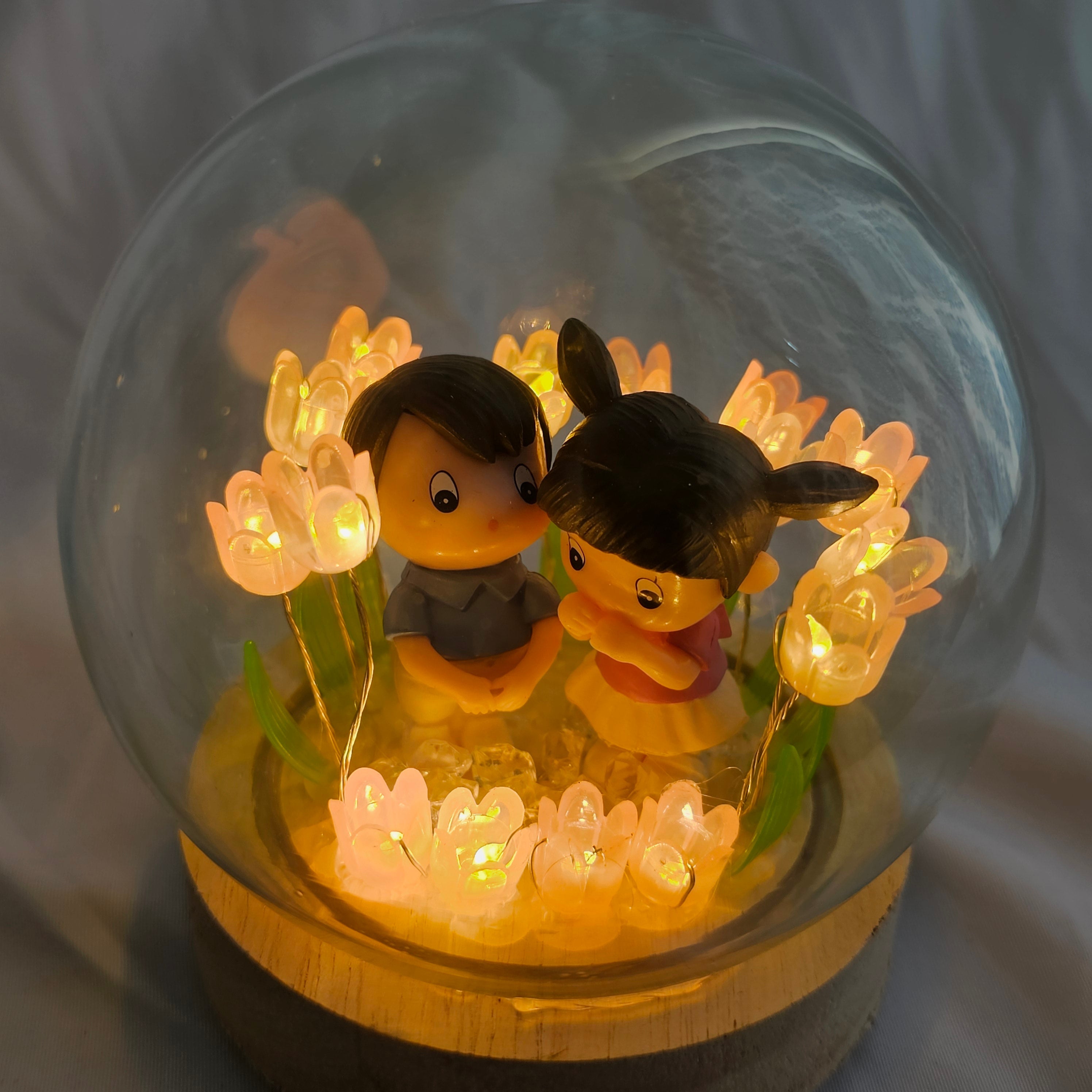 The Flair Store™ Romantic Couple in Tulip Flowers LED Night Light Crystal Ball Lamp With Wooden Base