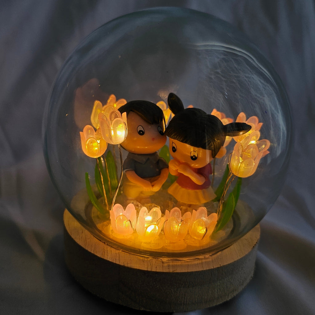 The Flair Store™ Romantic Couple in Tulip Flowers LED Night Light Crystal Ball Lamp With Wooden Base