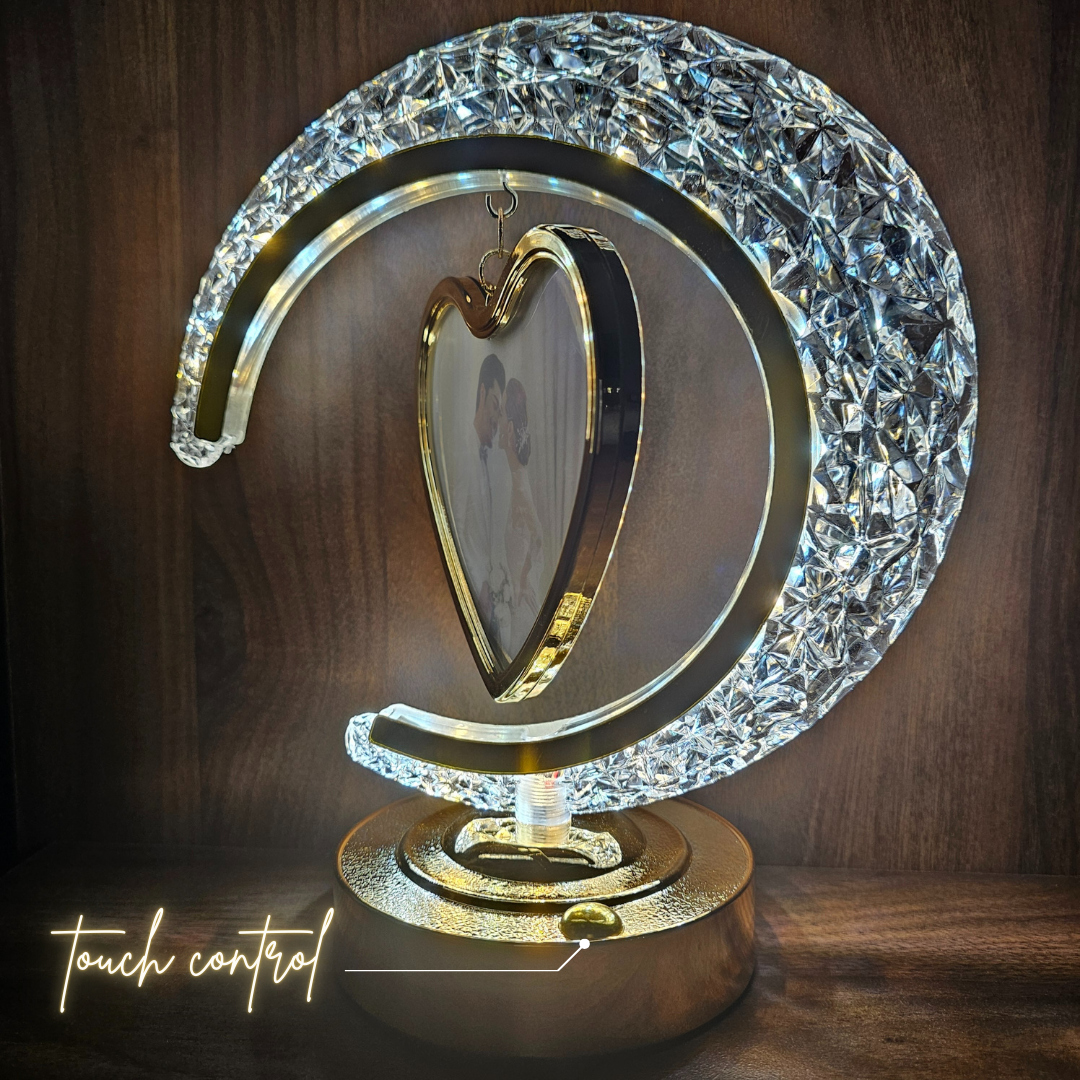 The Flair Store™ Half Moon Crystal LED Light  with Heart Shape Photo Frame| Valentines Gift| Anniversary Gift | 3Level Brightness | USB Powered | Touch Control.